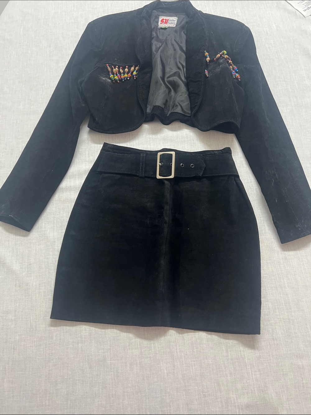 🌞 S&U Leather Fashions Vintage 80s black Dan osuede leather skirt suit beaded S